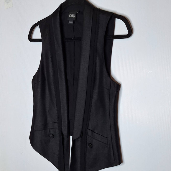 EDUN Open Front Silk Tie Vest XS Gray Black Modern Corporate Goth Lagenlook - Picture 2 of 12
